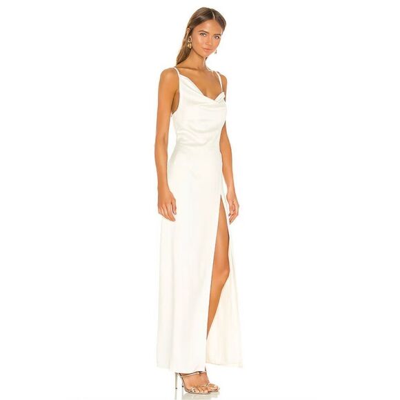 Camila Coelho Reyna Maxi Dress in Pearl White Satin Asymmetric A-line XS - Picture 2 of 3